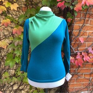 Green Teal Ruched Collar Sweater Asymmetrical Upcycled Cotton Embody Fall Top